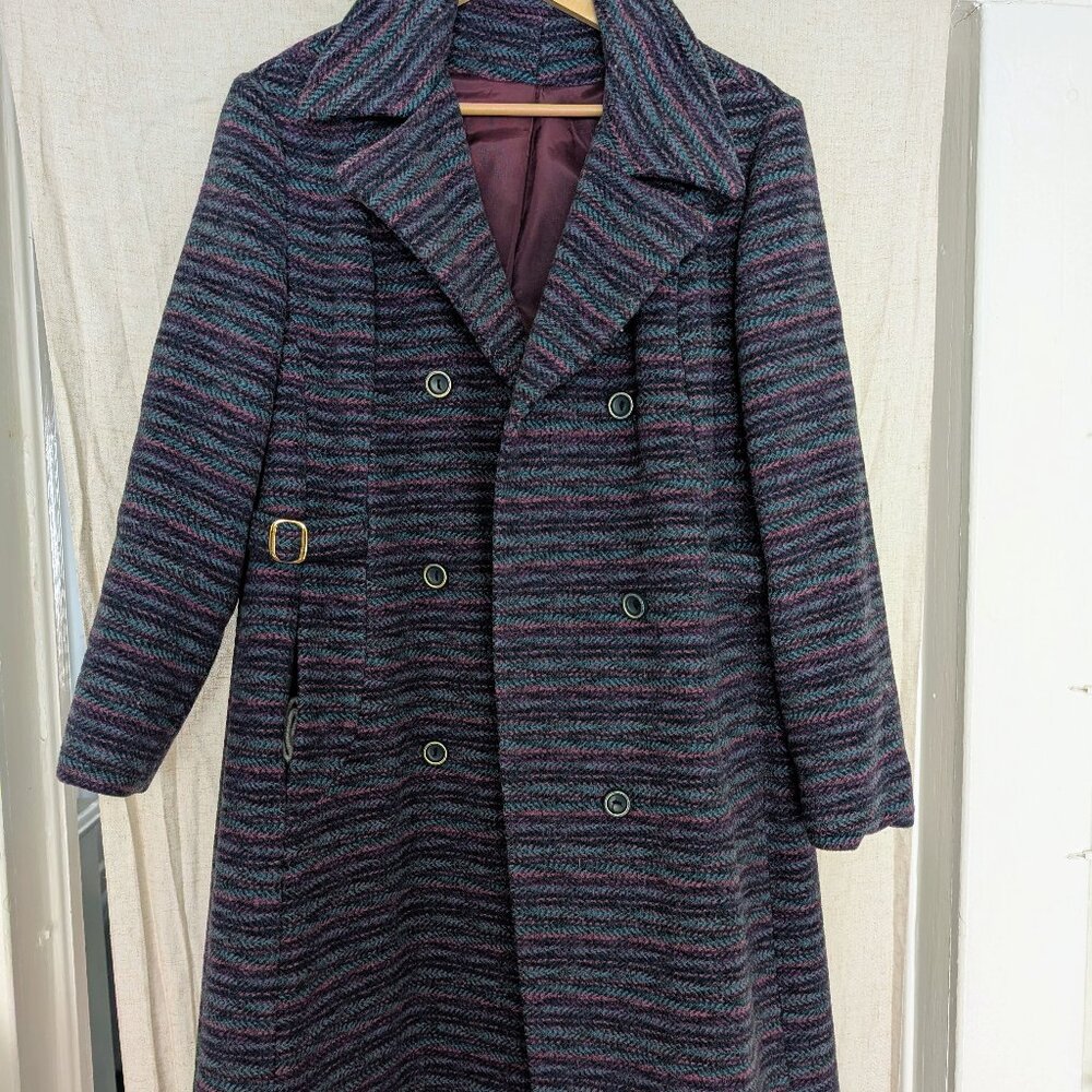 Wool long winter coat in purple, blue, and navy -- medium